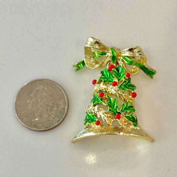Vintage Gerry's Holiday Christmas Enamel Bell Pin Brooch w Bow 2" Long - Picture 10 of 12